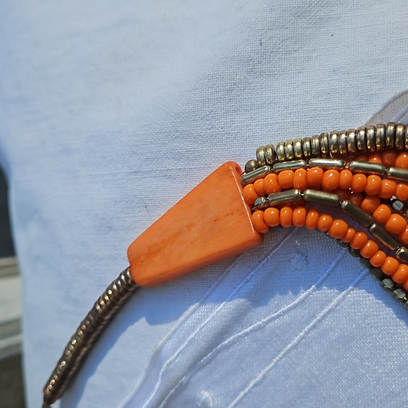 Bright Orange and Gold Toned Bead Multi Strand Expanding Bead Necklace #171 - Picture 3 of 5